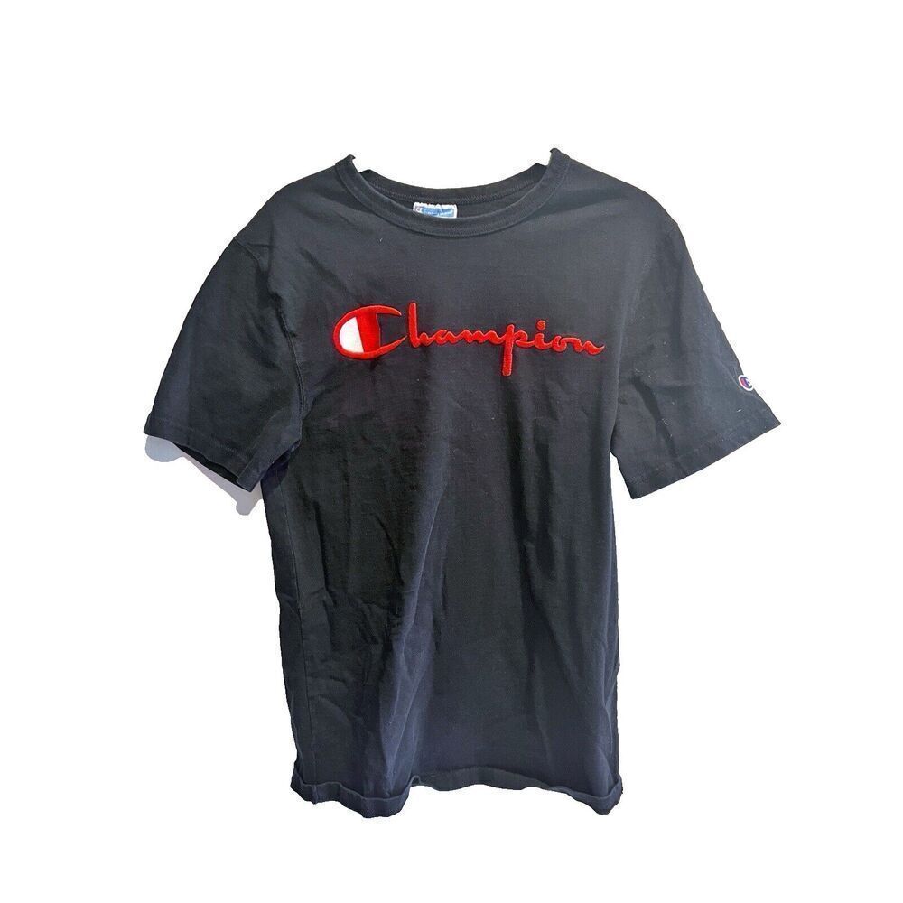 Champion Mens T Shirt Front Spell Out Black Small 100% Cotton Normcore
